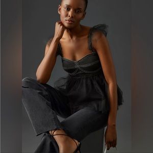 PILCRO Anthropologie, tulle babydoll blouse, black, size large, NWT